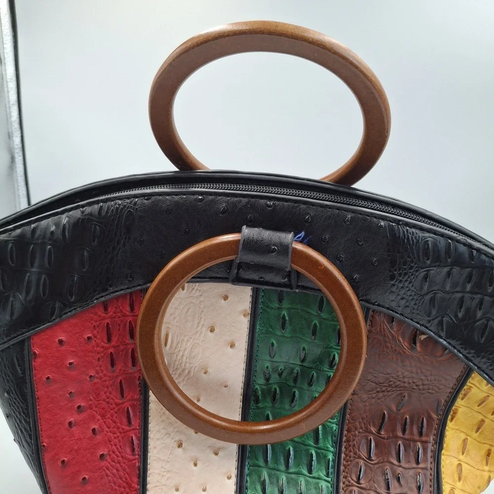 Colorblock Faux Ostrich & Alligator‎ Embossed Handbag with Wooden Ring Handles